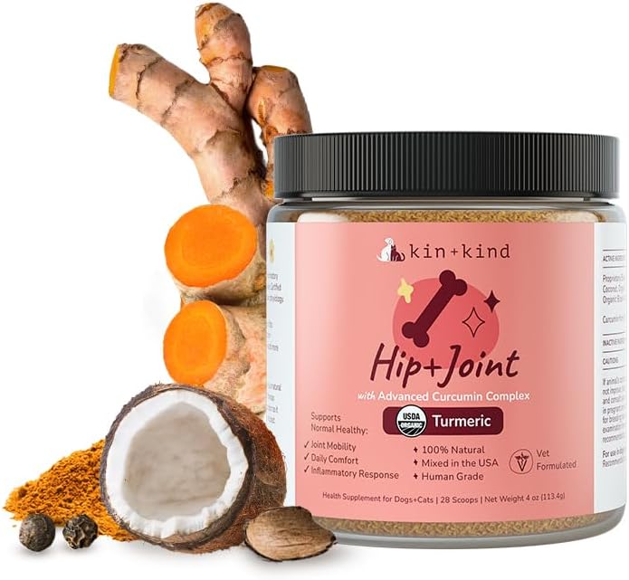 Kin+Kind Organic Turmeric Hip and Joint Supplement for Dogs and Cats – Supports Healthy Joint Mobility and Inflammatory Response – Vet Formulated – 4 Oz