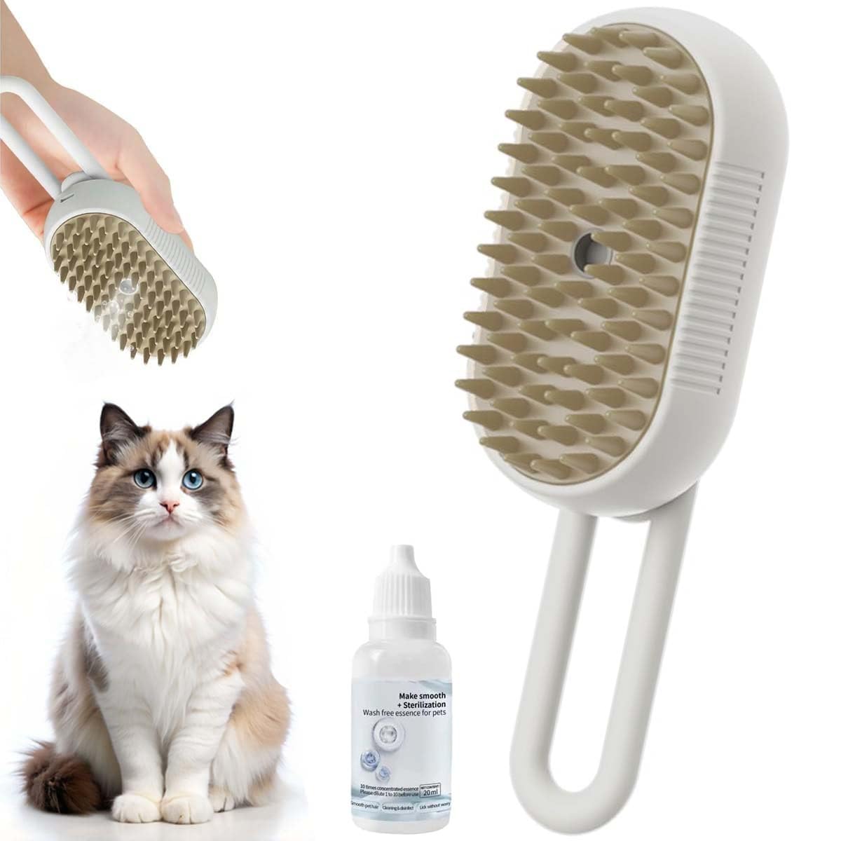 QSUKE Cat Steam Brush 3-In-1, Rechargeable Anti-Static Pet Grooming Tool with Vibration Massage, Professional Shedding & Detangling Comb for Dogs & Cats（1Pc Brush+Wash Free Essence for Pets）