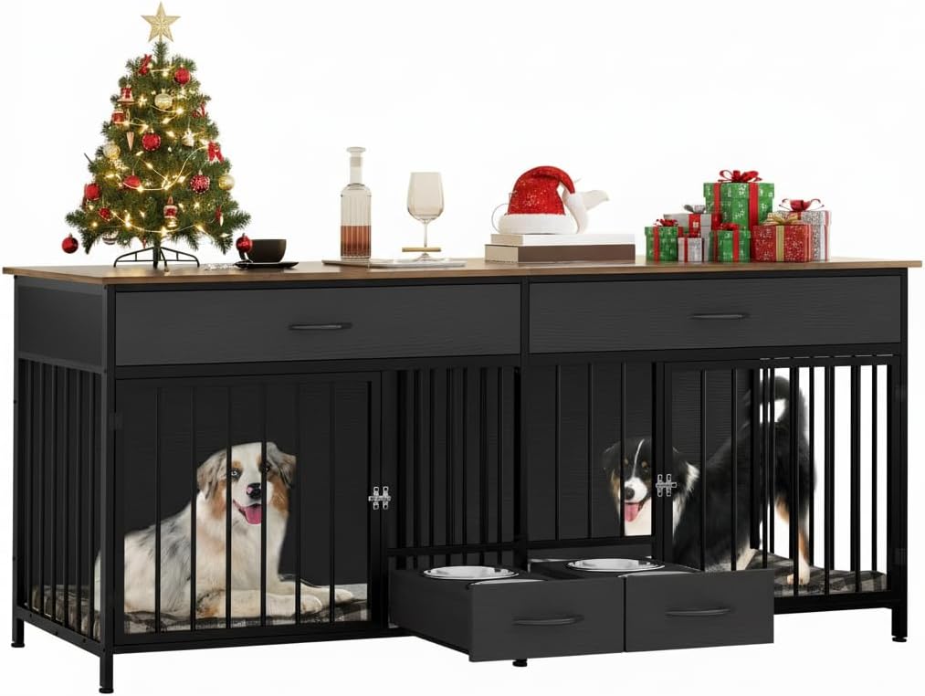 YITAHOME 74.8" Double Dog Crate Furniture with Dog Feeder, Heavy Duty Indoor Dog Kennel TV Stand with Drawers, Sturdy Dog Kennel with Divider for 2 Medium Large Dogs, Black