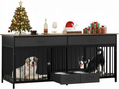 YITAHOME 74.8" Double Dog Crate Furniture with Dog Feeder, Heavy Duty Indoor Dog Kennel TV Stand with Drawers, Sturdy Dog Kennel with Divider for 2 Medium Large Dogs, Black