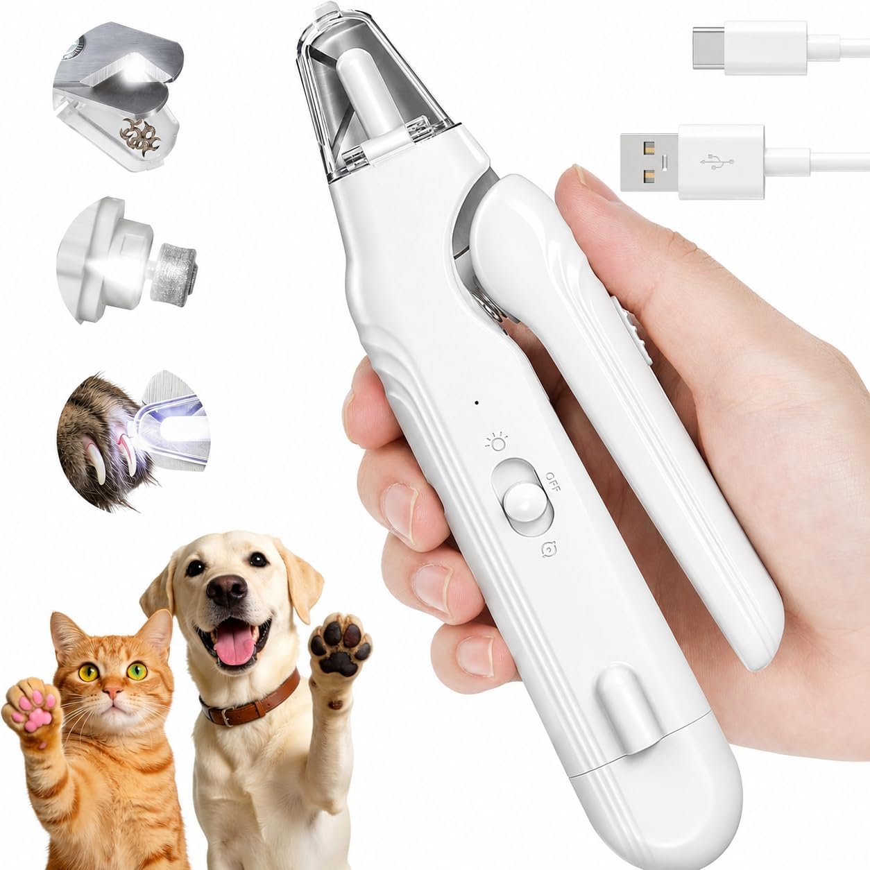 2-In-1 Dog Nail Clippers with Light - Electric Pet Nail Grinder Quiet for Small Large Dogs & Cats, LED Prevent over Cutting, USB-C Rechargeable Safety Guard Grooming Kit for Black Nails