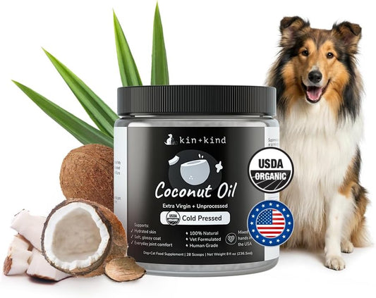 Kin+Kind Organic Coconut Oil Pet Supplement for Dogs and Cats - Cold Pressed Extra Virgin Coconut Oil - Itchy Skin, Dry Cracked Noses & Dry Skin Treatment - Made in USA - 8 Fl Oz (Medium)