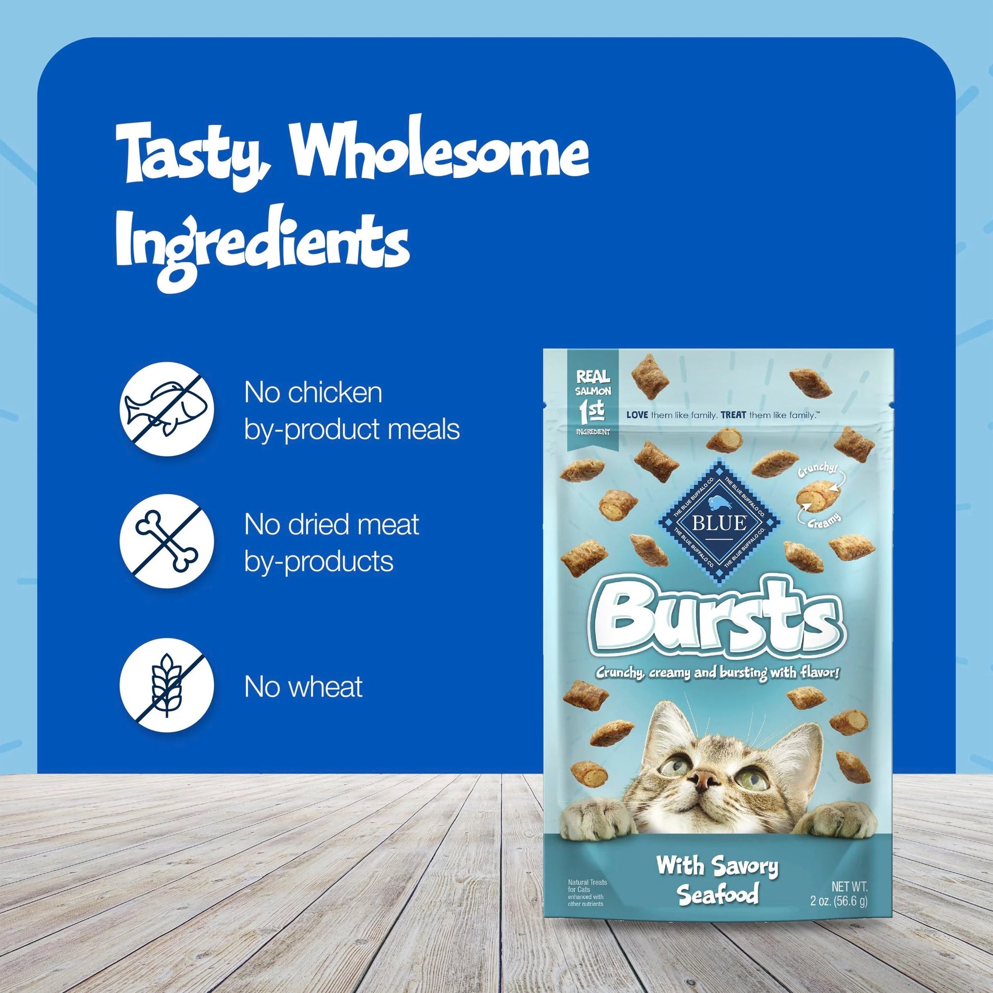 Bursts Crunchy & Creamy Cat Treats, Great for Training, Savory Seafood, 12-Oz Tub