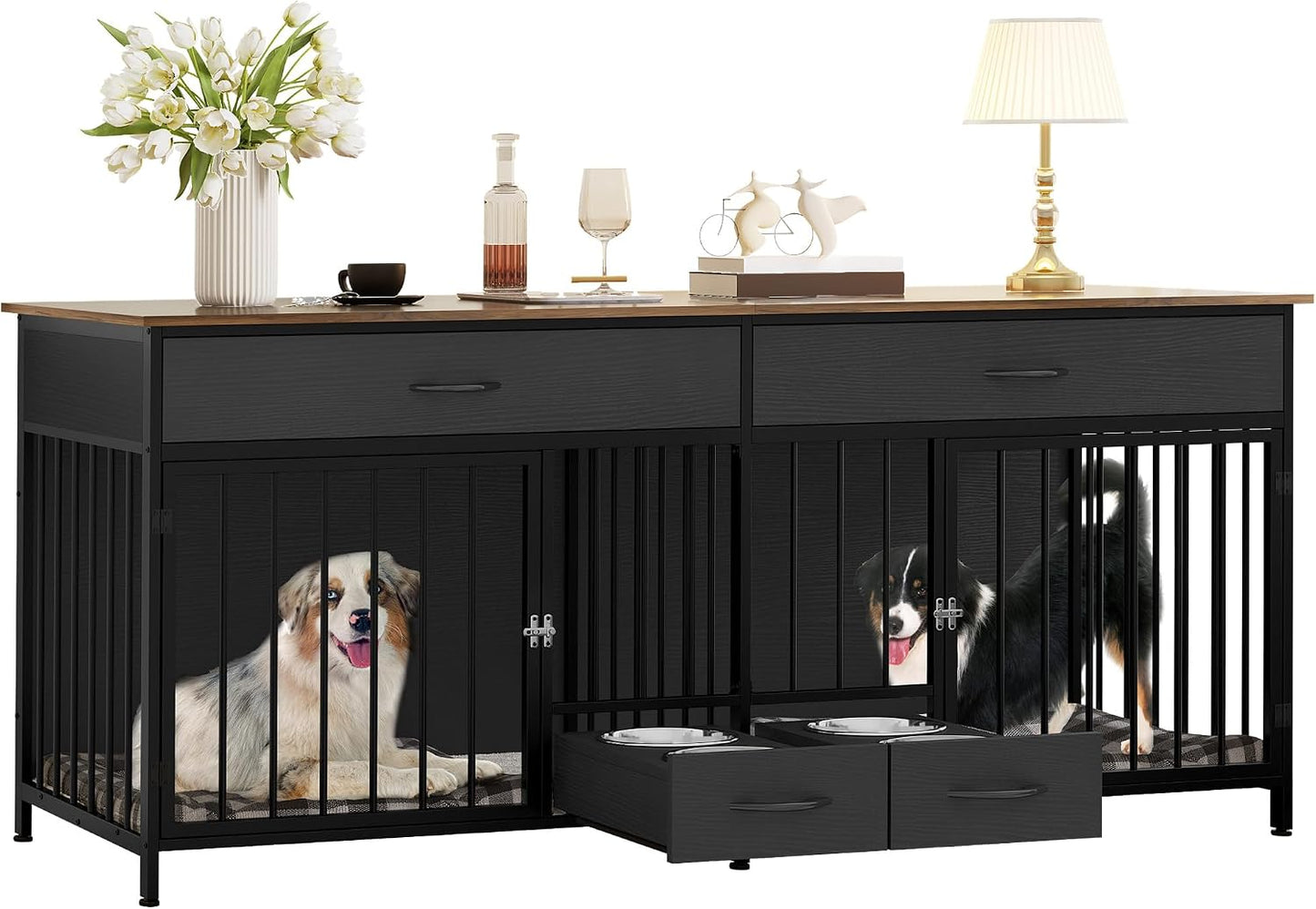 YITAHOME 74.8" Double Dog Crate Furniture with Dog Feeder, Heavy Duty Indoor Dog Kennel TV Stand with Drawers, Sturdy Dog Kennel with Divider for 2 Medium Large Dogs, Black