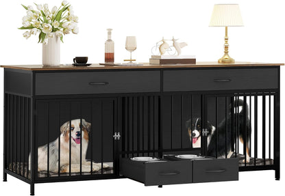 YITAHOME 74.8" Double Dog Crate Furniture with Dog Feeder, Heavy Duty Indoor Dog Kennel TV Stand with Drawers, Sturdy Dog Kennel with Divider for 2 Medium Large Dogs, Black
