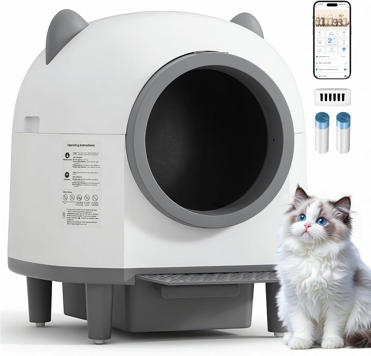 Self-Cleaning Automatic Litter Box with 80L Large Capacity for Multiple Cats, Features Odor-Free Waste Disposal, Safety Sensor, App Control via 2.4 Ghz Wi-Fi, Includes 2 Roll Garbage Bags