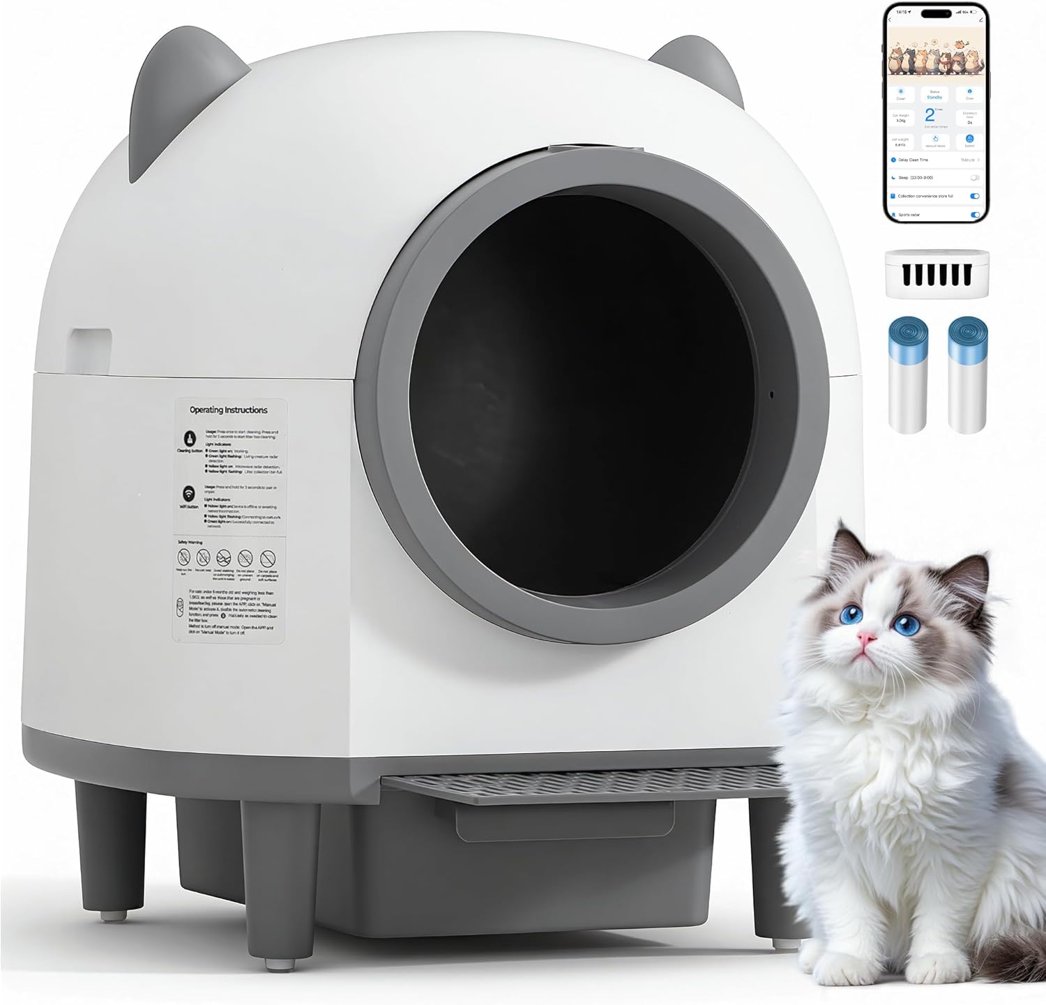 Self-Cleaning Automatic Litter Box with 80L Large Capacity for Multiple Cats, Features Odor-Free Waste Disposal, Safety Sensor, App Control via 2.4 Ghz Wi-Fi, Includes 2 Roll Garbage Bags