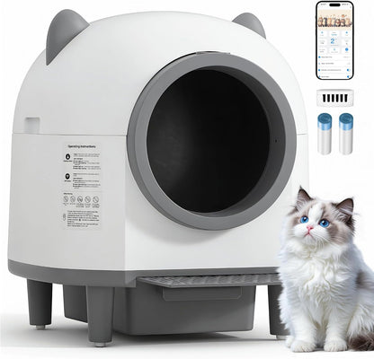Self-Cleaning Automatic Litter Box with 80L Large Capacity for Multiple Cats, Features Odor-Free Waste Disposal, Safety Sensor, App Control via 2.4 Ghz Wi-Fi, Includes 2 Roll Garbage Bags