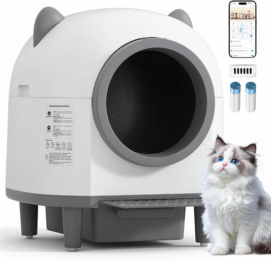 Self-Cleaning Automatic Litter Box with 80L Large Capacity for Multiple Cats, Features Odor-Free Waste Disposal, Safety Sensor, App Control via 2.4 Ghz Wi-Fi, Includes 2 Roll Garbage Bags