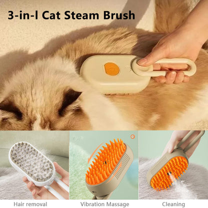 QSUKE Cat Steam Brush 3-In-1, Rechargeable Anti-Static Pet Grooming Tool with Vibration Massage, Professional Shedding & Detangling Comb for Dogs & Cats（1Pc Brush+Wash Free Essence for Pets）