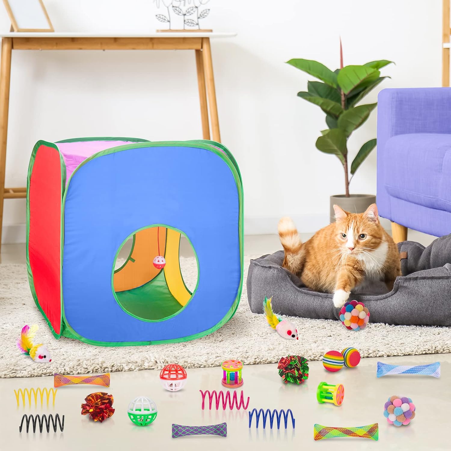 Retro Shaw Cat Toys Pack 33Pcs, Interactive Kitten Toys for Indoor Kittens Cats, Collapsible Kitty Play Tunnel Tent Feather Wand Balls Bell Springs Mouse Kitty Toys for All Breeds (Large Tunnel)