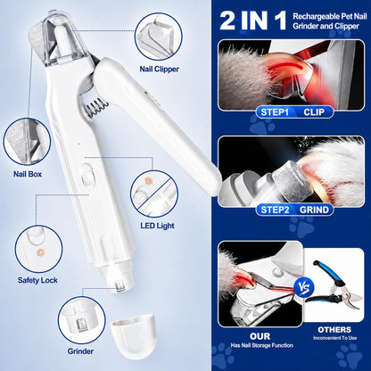 2-In-1 Dog Nail Clippers with Light - Electric Pet Nail Grinder Quiet for Small Large Dogs & Cats, LED Prevent over Cutting, USB-C Rechargeable Safety Guard Grooming Kit for Black Nails