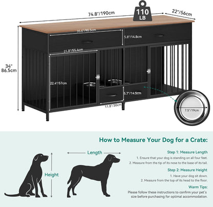 YITAHOME 74.8" Double Dog Crate Furniture with Dog Feeder, Heavy Duty Indoor Dog Kennel TV Stand with Drawers, Sturdy Dog Kennel with Divider for 2 Medium Large Dogs, Black
