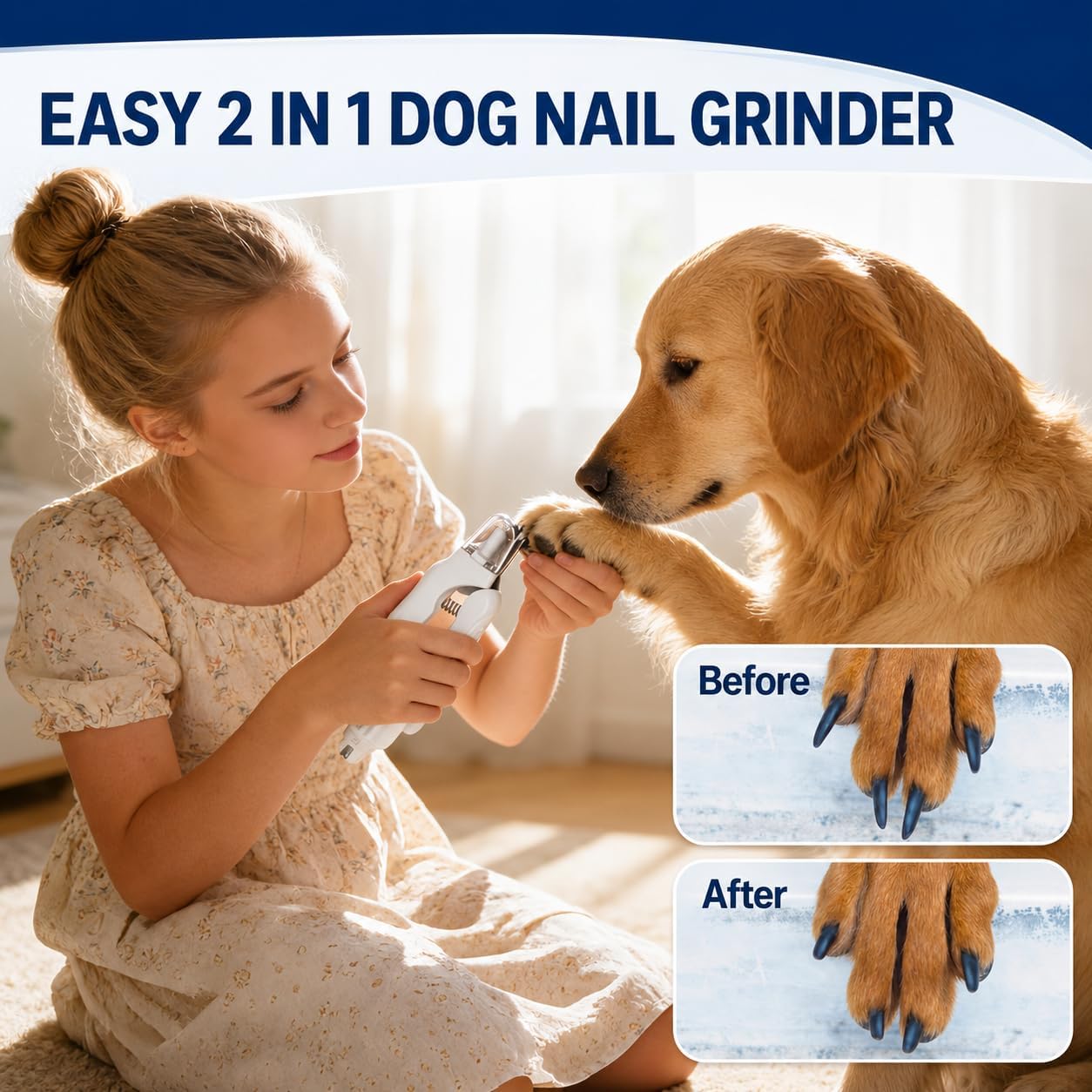2-In-1 Dog Nail Clippers with Light - Electric Pet Nail Grinder Quiet for Small Large Dogs & Cats, LED Prevent over Cutting, USB-C Rechargeable Safety Guard Grooming Kit for Black Nails