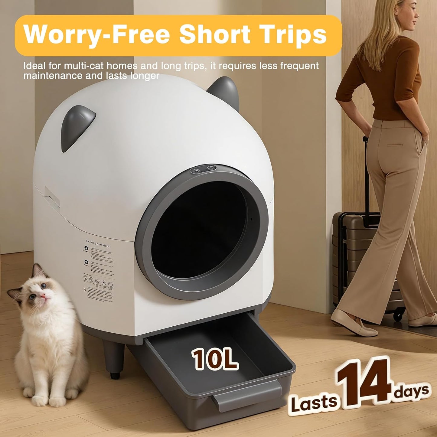 Self-Cleaning Automatic Litter Box with 80L Large Capacity for Multiple Cats, Features Odor-Free Waste Disposal, Safety Sensor, App Control via 2.4 Ghz Wi-Fi, Includes 2 Roll Garbage Bags