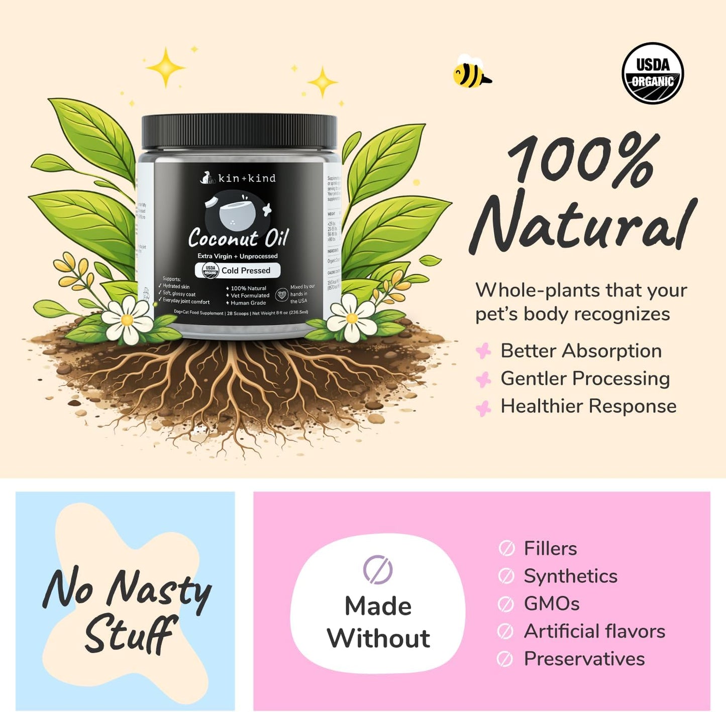Kin+Kind Organic Coconut Oil Pet Supplement for Dogs and Cats - Cold Pressed Extra Virgin Coconut Oil - Itchy Skin, Dry Cracked Noses & Dry Skin Treatment - Made in USA - 8 Fl Oz (Medium)
