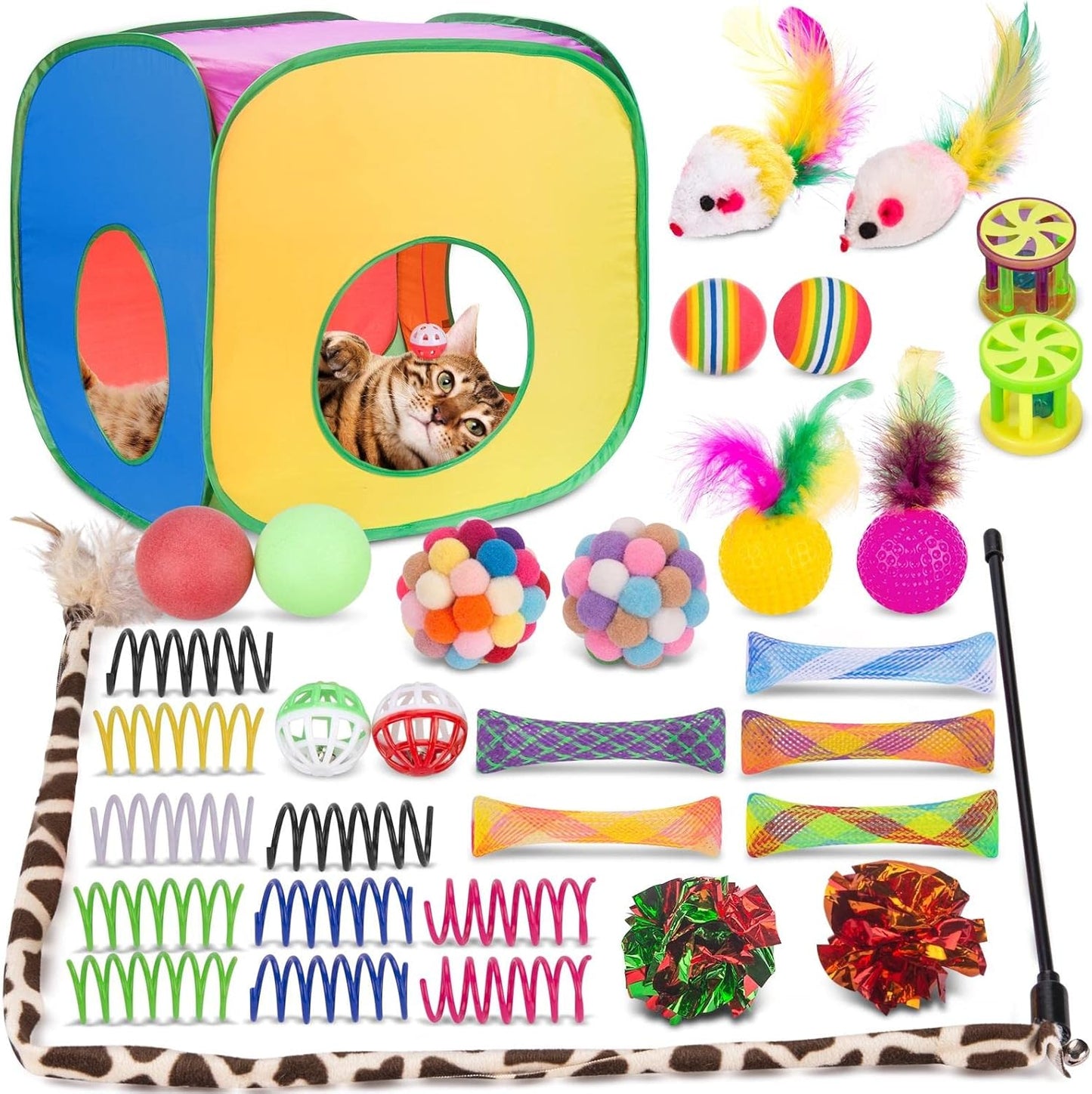 Retro Shaw Cat Toys Pack 33Pcs, Interactive Kitten Toys for Indoor Kittens Cats, Collapsible Kitty Play Tunnel Tent Feather Wand Balls Bell Springs Mouse Kitty Toys for All Breeds (Large Tunnel)