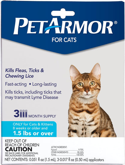 Petarmor for Cats, Flea & Tick Treatment for Cats (Over 1.5 Pounds), Includes 3 Month Supply of Topical Flea Treatments