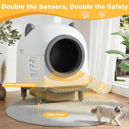 Self-Cleaning Automatic Litter Box with 80L Large Capacity for Multiple Cats, Features Odor-Free Waste Disposal, Safety Sensor, App Control via 2.4 Ghz Wi-Fi, Includes 2 Roll Garbage Bags