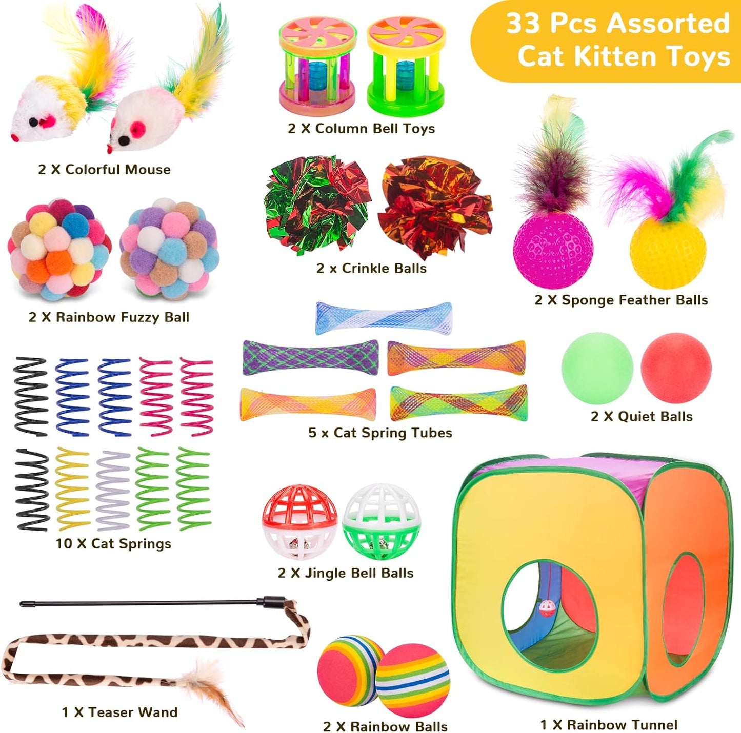 Retro Shaw Cat Toys Pack 33Pcs, Interactive Kitten Toys for Indoor Kittens Cats, Collapsible Kitty Play Tunnel Tent Feather Wand Balls Bell Springs Mouse Kitty Toys for All Breeds (Large Tunnel)