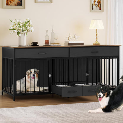 YITAHOME 74.8" Double Dog Crate Furniture with Dog Feeder, Heavy Duty Indoor Dog Kennel TV Stand with Drawers, Sturdy Dog Kennel with Divider for 2 Medium Large Dogs, Black