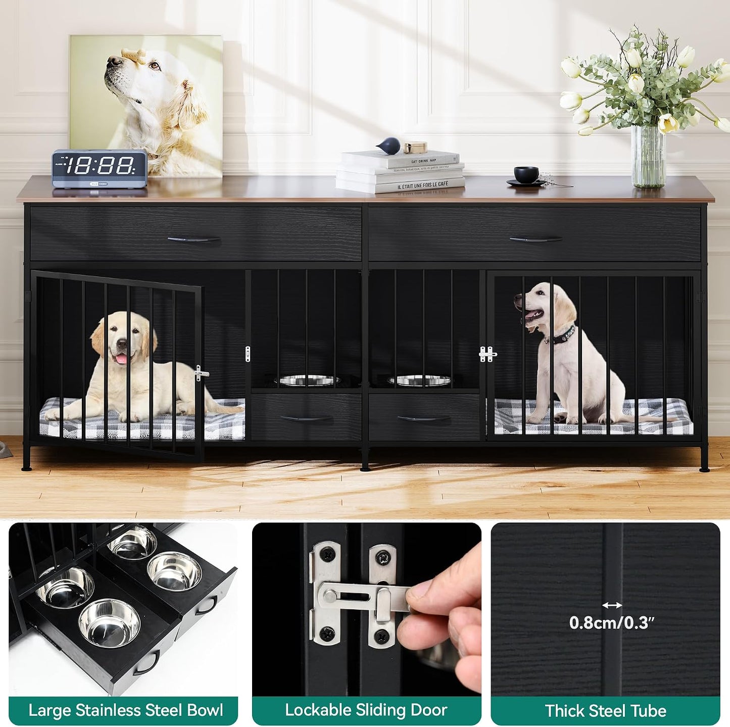 YITAHOME 74.8" Double Dog Crate Furniture with Dog Feeder, Heavy Duty Indoor Dog Kennel TV Stand with Drawers, Sturdy Dog Kennel with Divider for 2 Medium Large Dogs, Black