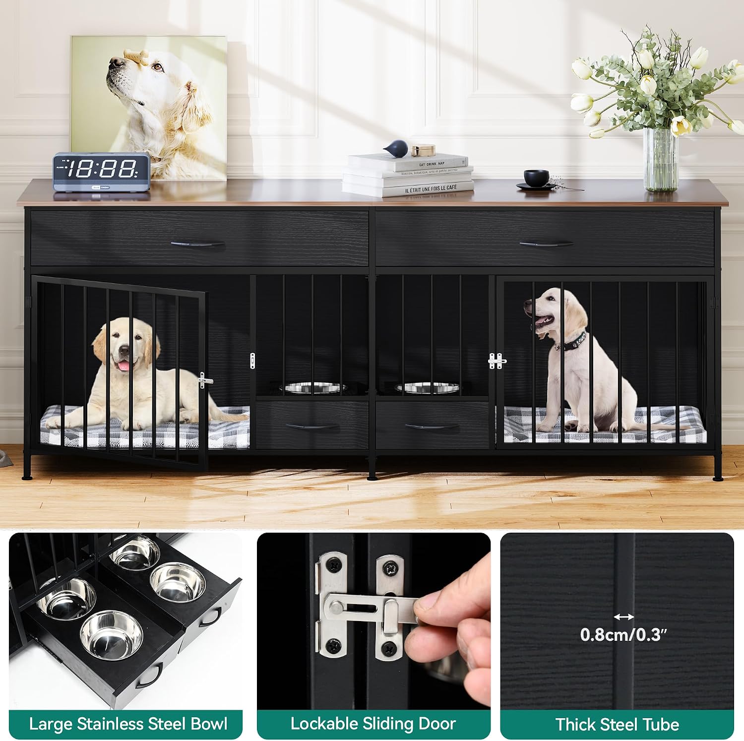 YITAHOME 74.8" Double Dog Crate Furniture with Dog Feeder, Heavy Duty Indoor Dog Kennel TV Stand with Drawers, Sturdy Dog Kennel with Divider for 2 Medium Large Dogs, Black
