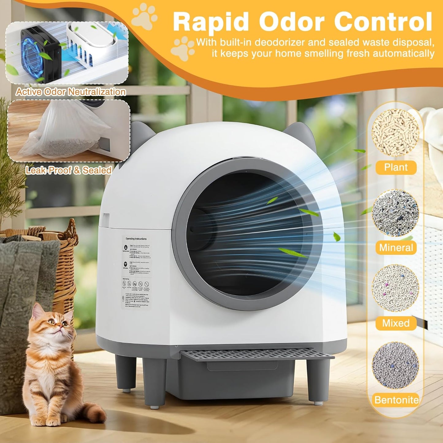 Self-Cleaning Automatic Litter Box with 80L Large Capacity for Multiple Cats, Features Odor-Free Waste Disposal, Safety Sensor, App Control via 2.4 Ghz Wi-Fi, Includes 2 Roll Garbage Bags