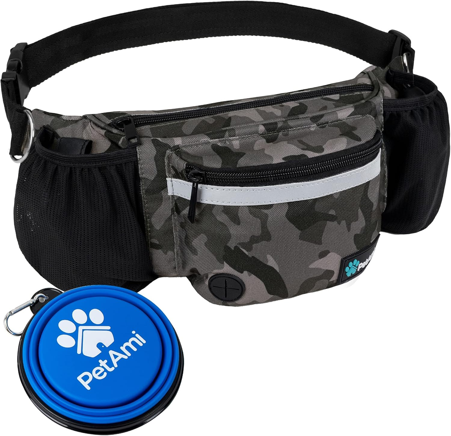 Dog Training Treat Fanny Pack | Camo Black | Poop Bag Dispenser, Collapsible Bowl & Water Bottle Holder