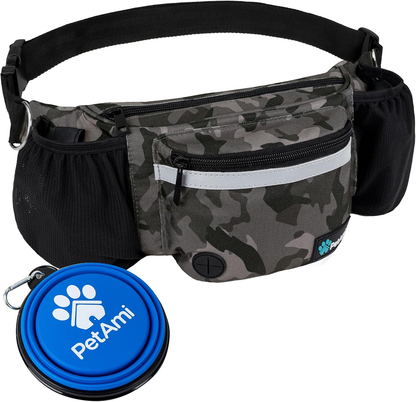 Dog Training Treat Fanny Pack | Camo Black | Poop Bag Dispenser, Collapsible Bowl & Water Bottle Holder