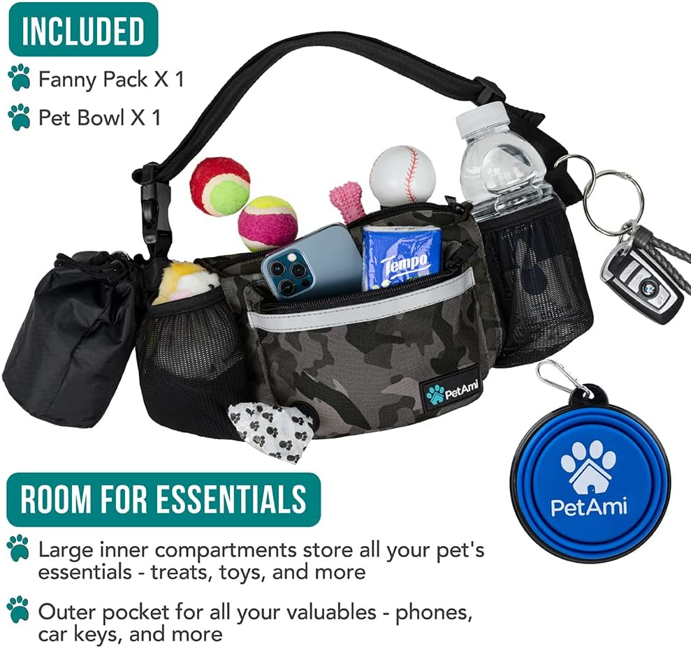 Dog Training Treat Fanny Pack | Camo Black | Poop Bag Dispenser, Collapsible Bowl & Water Bottle Holder