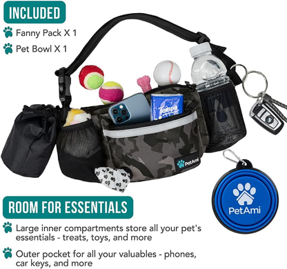 Dog Training Treat Fanny Pack | Camo Black | Poop Bag Dispenser, Collapsible Bowl & Water Bottle Holder