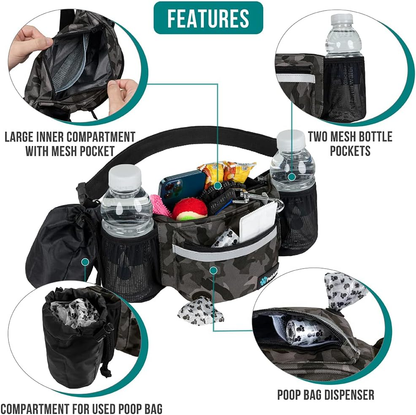 Dog Training Treat Fanny Pack | Camo Black | Poop Bag Dispenser, Collapsible Bowl & Water Bottle Holder