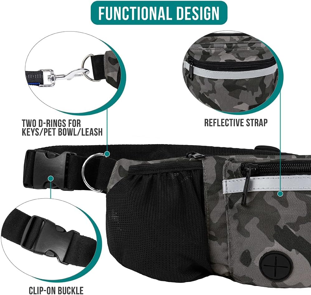 Dog Training Treat Fanny Pack | Camo Black | Poop Bag Dispenser, Collapsible Bowl & Water Bottle Holder