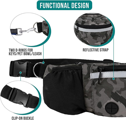 Dog Training Treat Fanny Pack | Camo Black | Poop Bag Dispenser, Collapsible Bowl & Water Bottle Holder