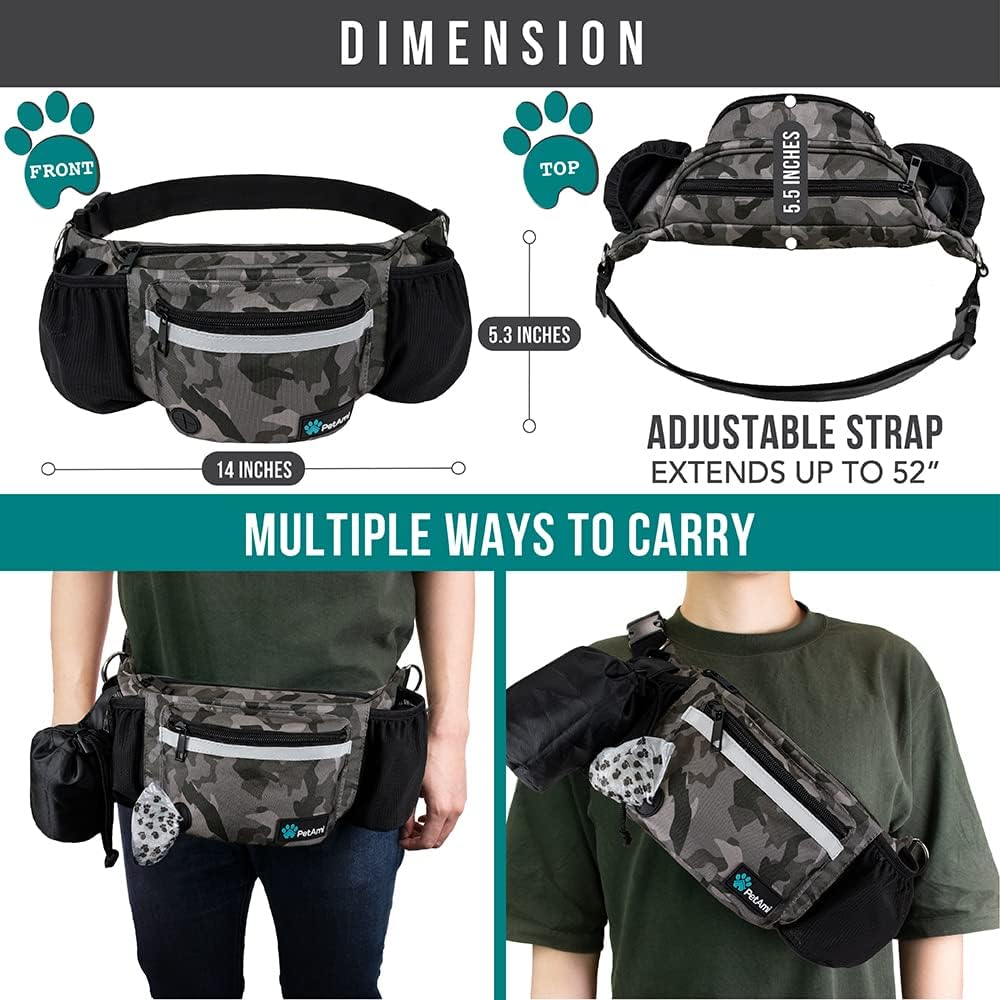 Dog Training Treat Fanny Pack | Camo Black | Poop Bag Dispenser, Collapsible Bowl & Water Bottle Holder