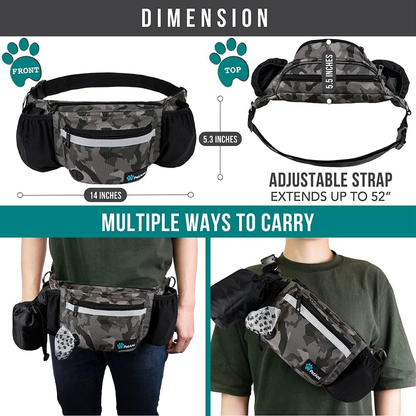 Dog Training Treat Fanny Pack | Camo Black | Poop Bag Dispenser, Collapsible Bowl & Water Bottle Holder