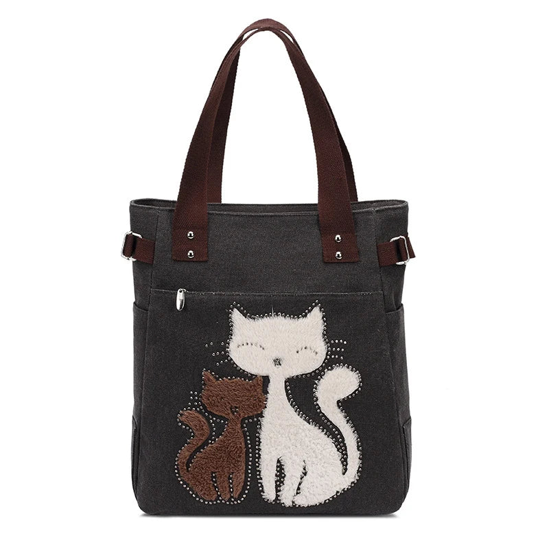 Cat Canvas Handbag | Large Capacity Shoulder Bag | Rhinestone Design