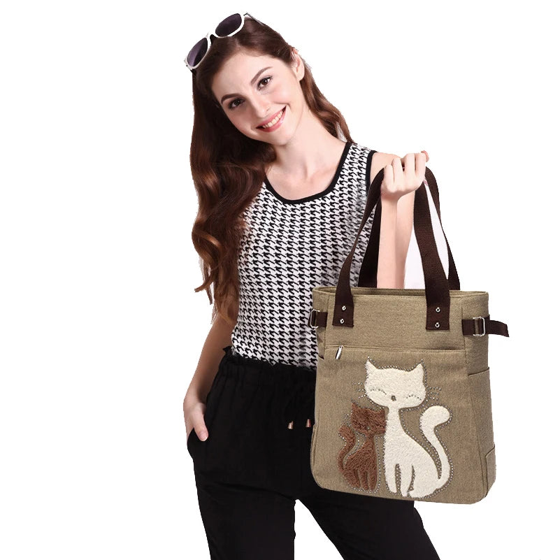 Cat Canvas Handbag | Large Capacity Shoulder Bag | Rhinestone Design