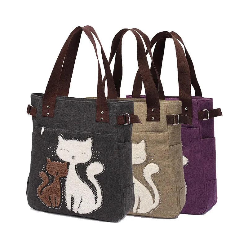 Cat Canvas Handbag | Large Capacity Shoulder Bag | Rhinestone Design