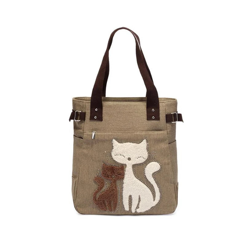 Cat Canvas Handbag | Large Capacity Shoulder Bag | Rhinestone Design