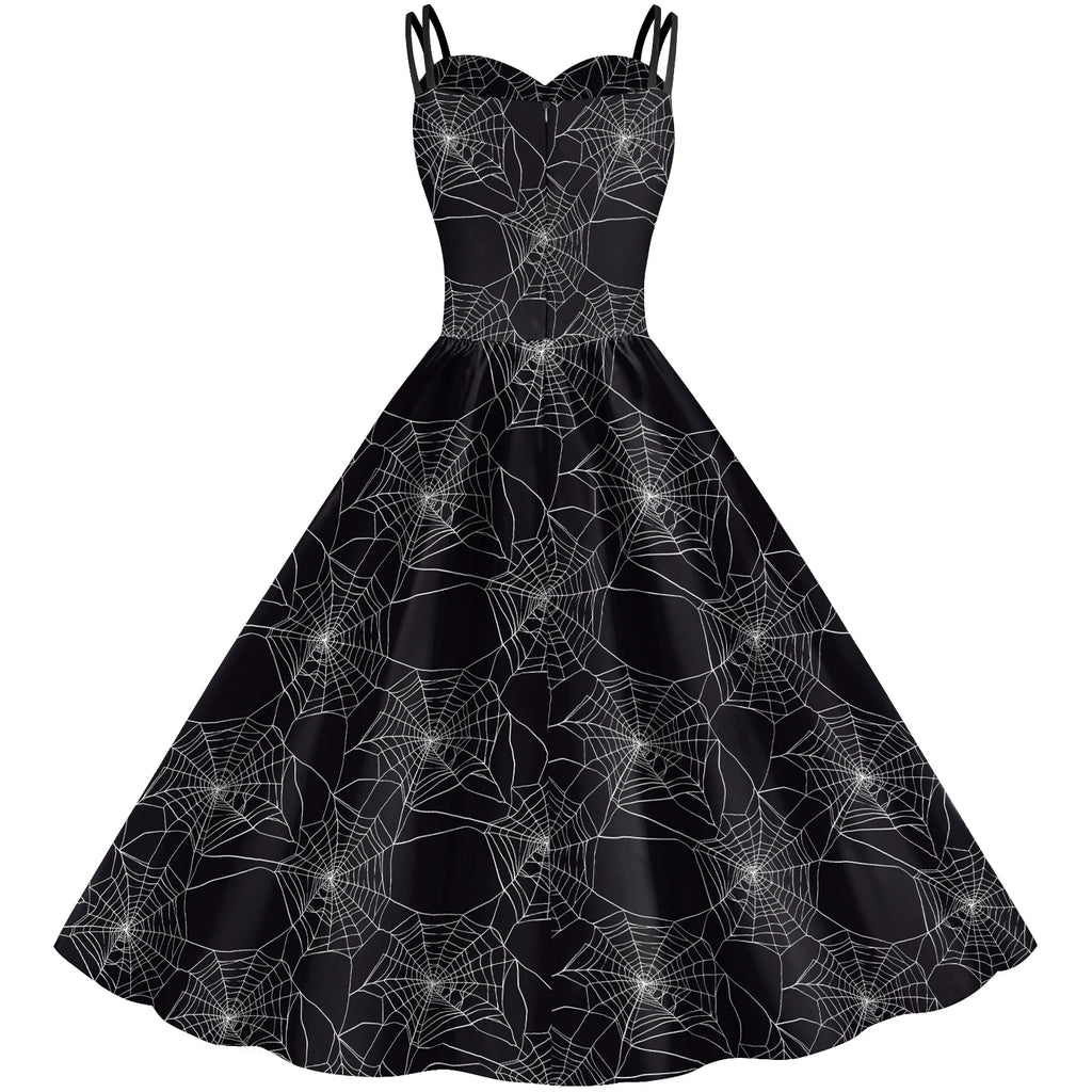 Halloween Gothic Swing Dress | Skeleton & Spiderweb Print