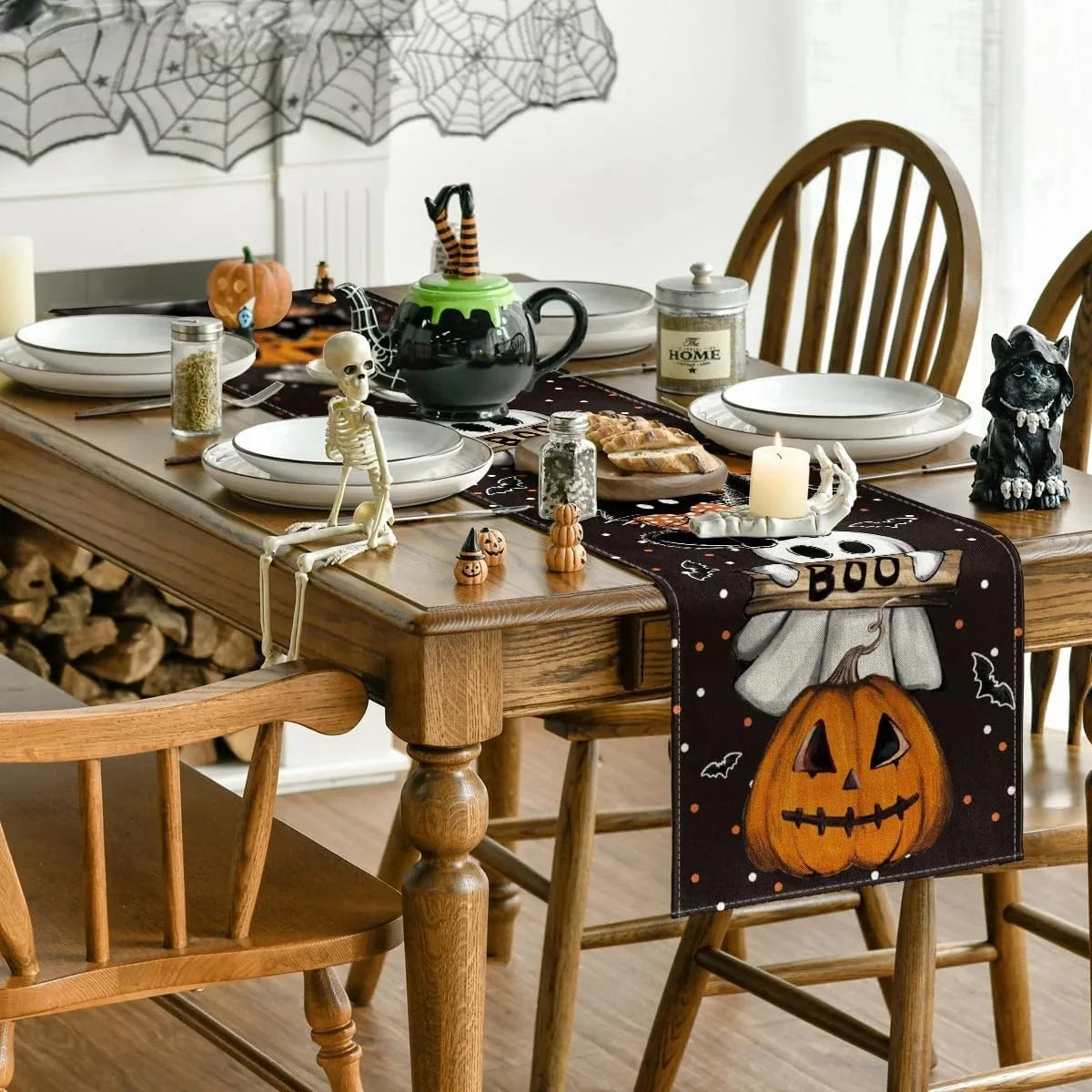 Halloween Cat Linen Table Runner | Pumpkin & Ghost Design
