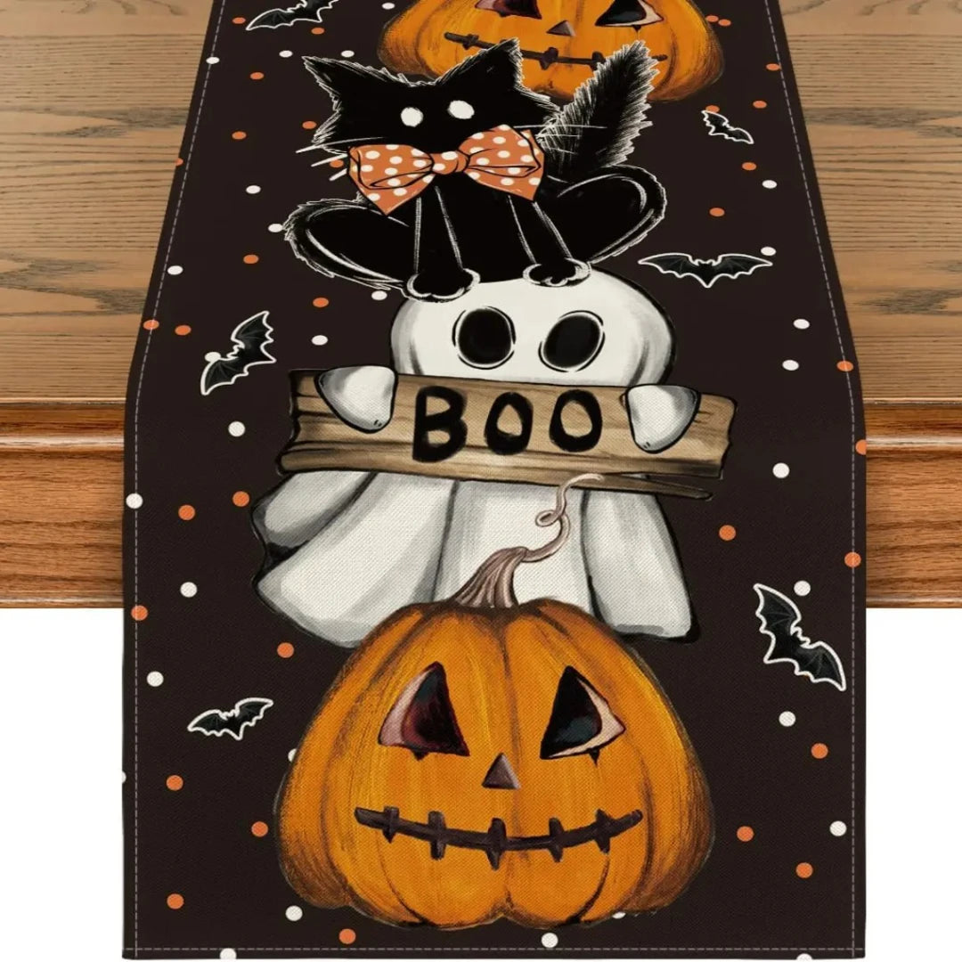 Halloween Cat Linen Table Runner | Pumpkin & Ghost Design