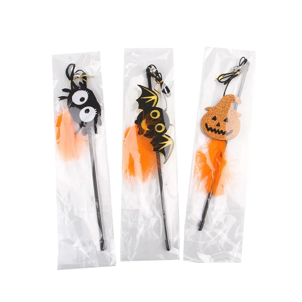 Halloween Cat Teaser Wand Toys | Spider, Bat & Pumpkin