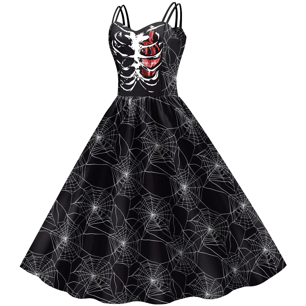 Halloween Gothic Swing Dress | Skeleton & Spiderweb Print