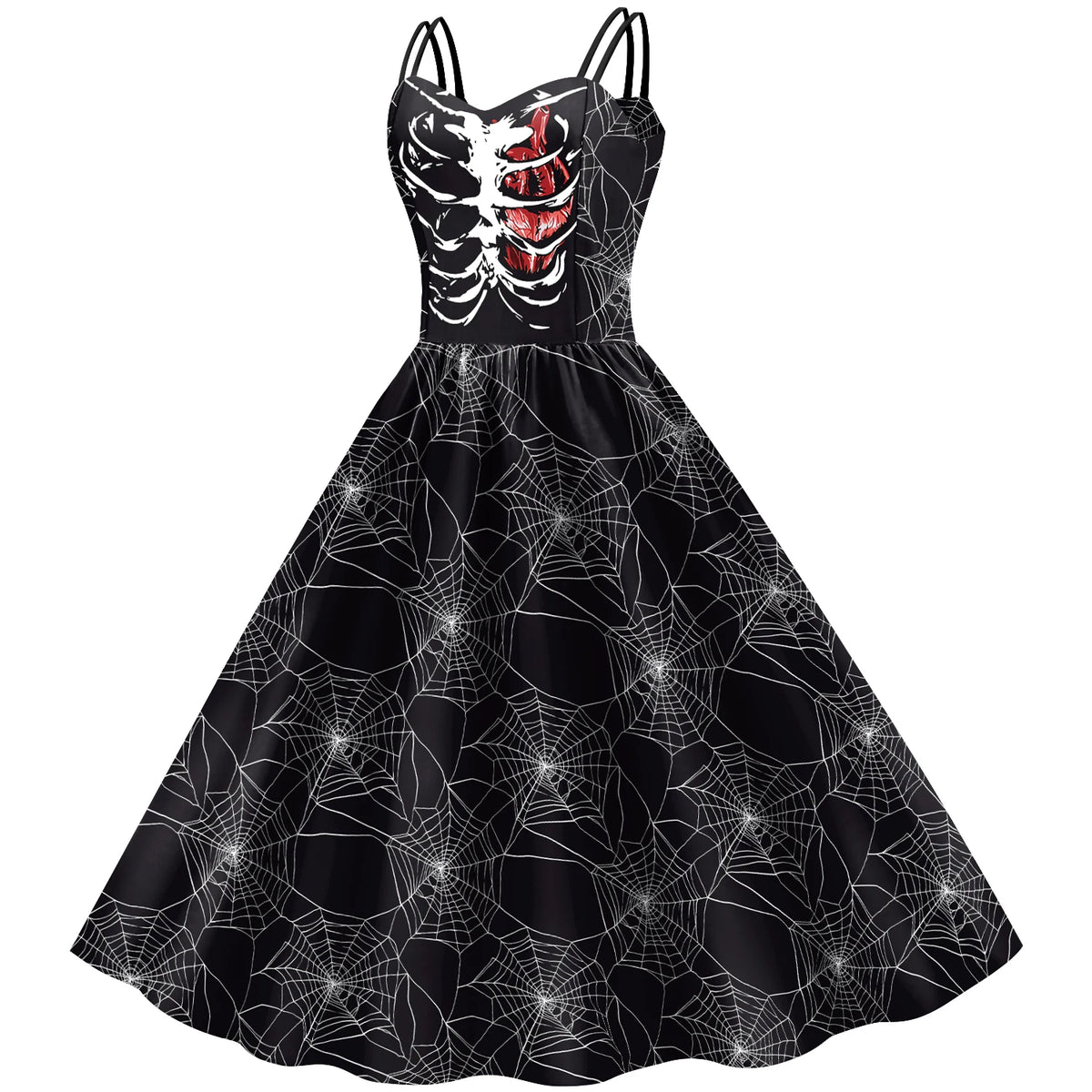 Halloween Gothic Swing Dress | Skeleton & Spiderweb Print