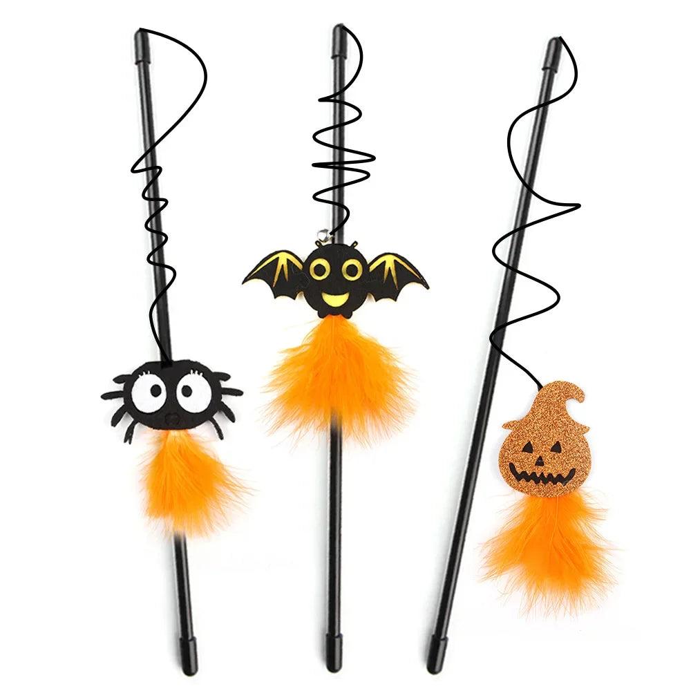 Halloween Cat Teaser Wand Toys | Spider, Bat & Pumpkin