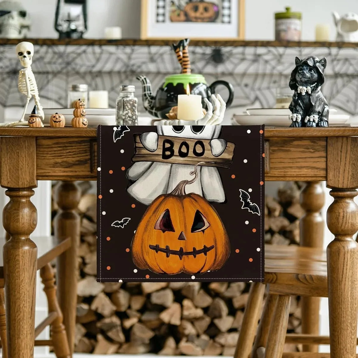 Halloween Cat Linen Table Runner | Pumpkin & Ghost Design