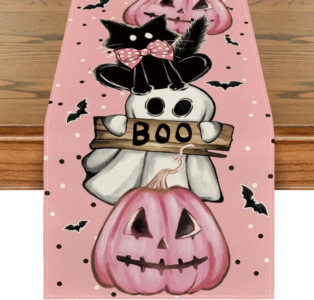 Halloween Cat Linen Table Runner | Pumpkin & Ghost Design